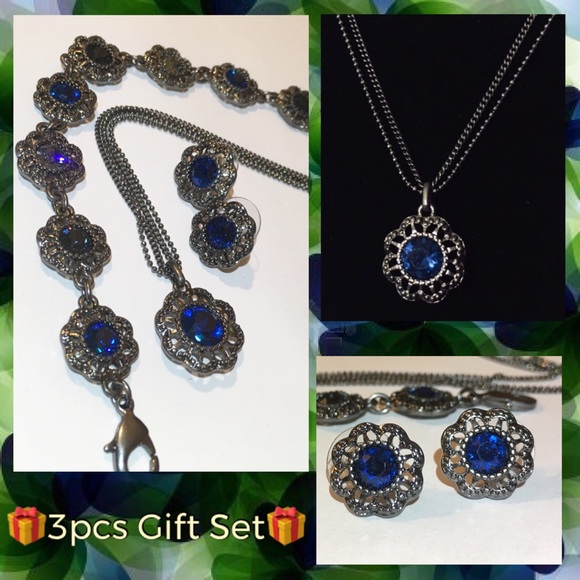 Blue Crystal & Hematite Statement Necklace Earrings Set - Picture 3 of 12